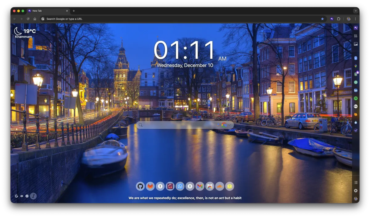MeaVana Chrome extension dashboard preview showing customizable widgets and wallpapers